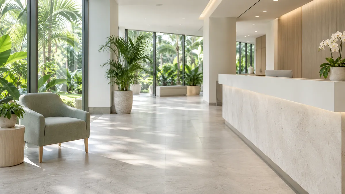 Illustrative reception overlooking tropical greenery.