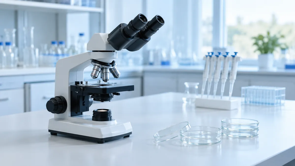 Illustrative microscope and empty petri dishes in a fictional laboratory.