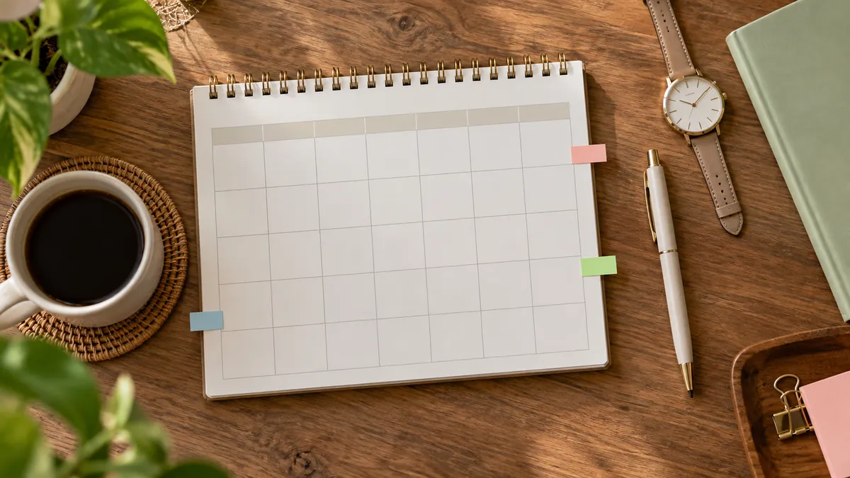 Illustrative desk arrangement for planning appointments and a timeline.