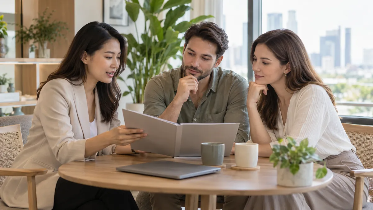 Illustrative scene of adults discussing service coordination around a document folder.