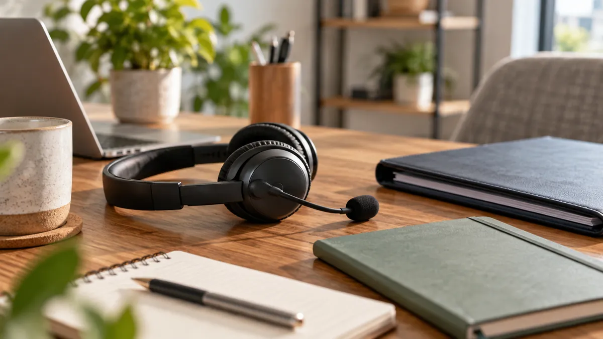 Illustrative language-support workspace with a headset and plain folders.