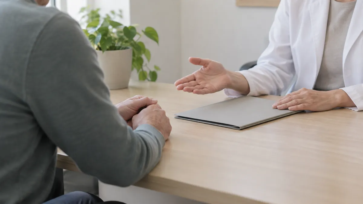 Illustrative anonymous consultation, with only hands and partial figures visible.